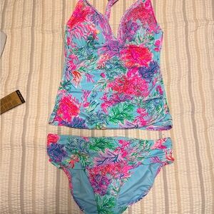 Lilly Pulitzer Aqua Floral Tankini with Pink Accents